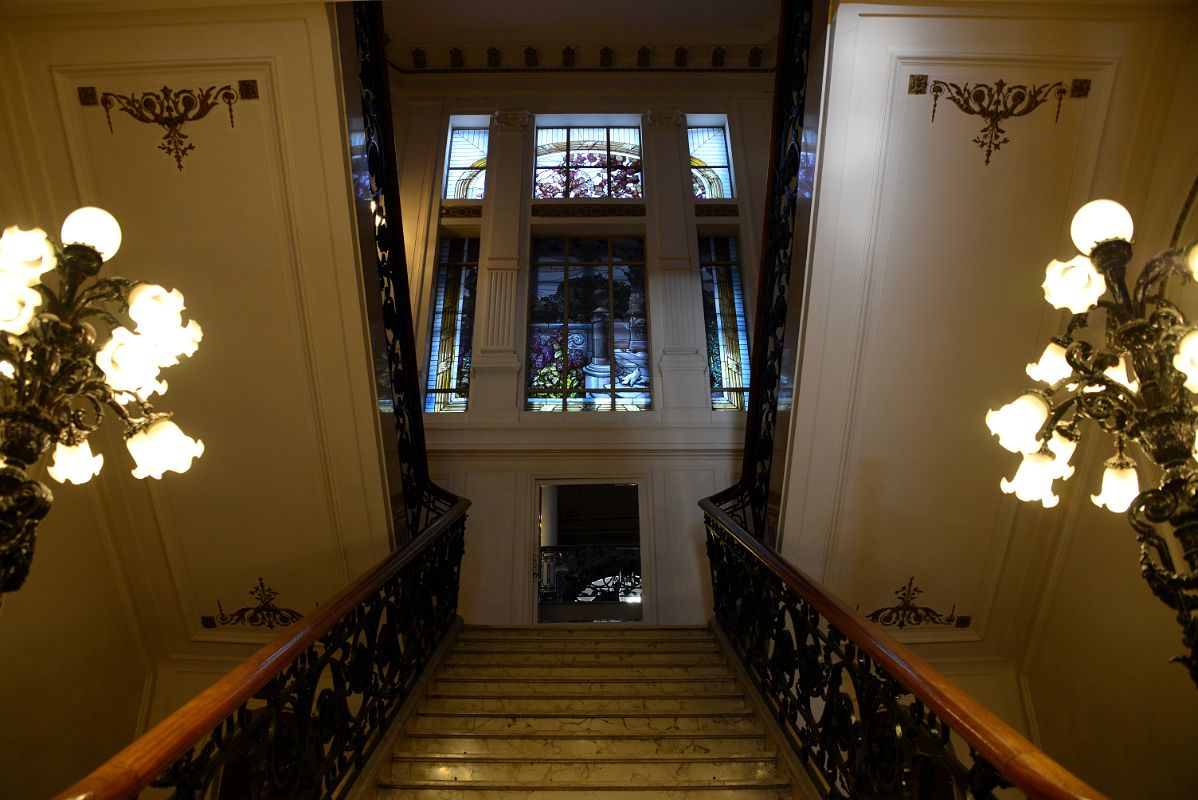 07-03 Centro Cultural America Staircase With Stained Glass Image Above Salta Plaza 9 de Julio